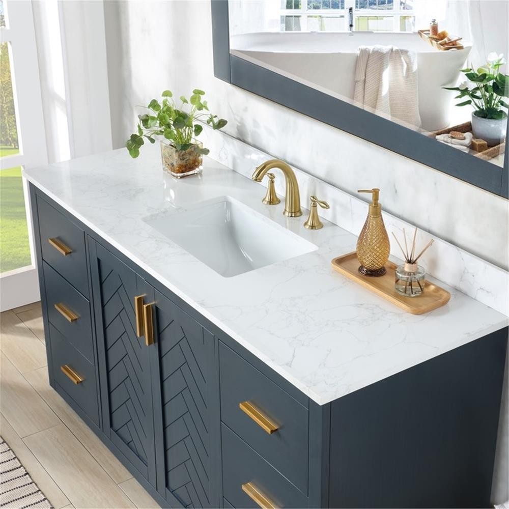 Pemberly Row 60″W Wood Vanity – Classic Blue with Composite Stone Top