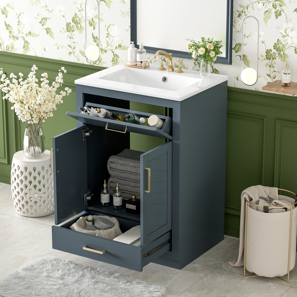 24in Bathroom Vanity Integrated Ceramic Sink 2 Doors 1 Tip-out Drawe
