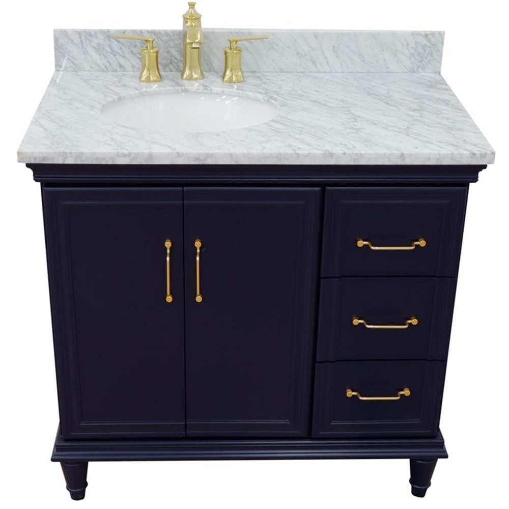 37 in. Single Wooden Vanity Blue White Carrara Oval Left Door.Left Sink