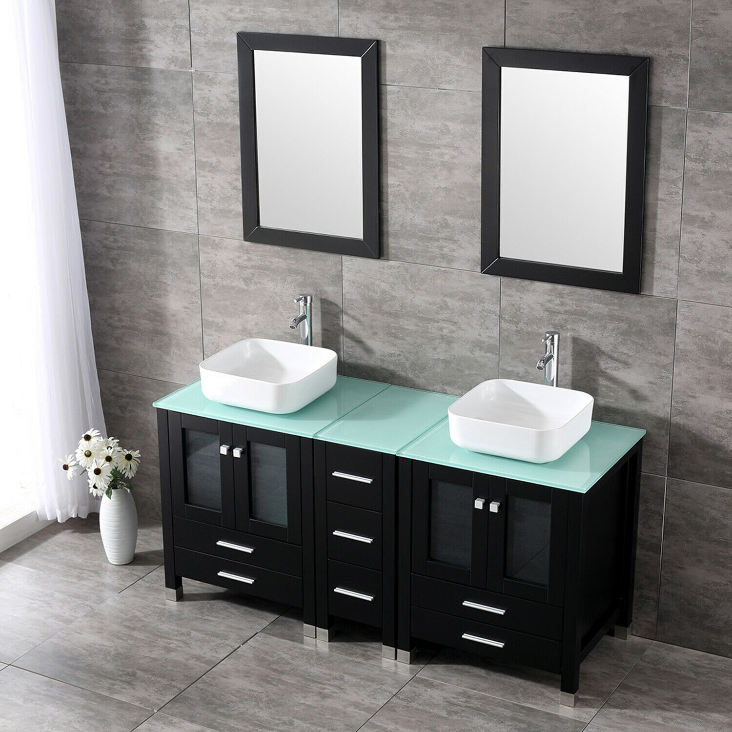 60″ Double Bathroom Vanity Black Cabinet Glass Vessel Sink Bowl Mirror w/Faucet