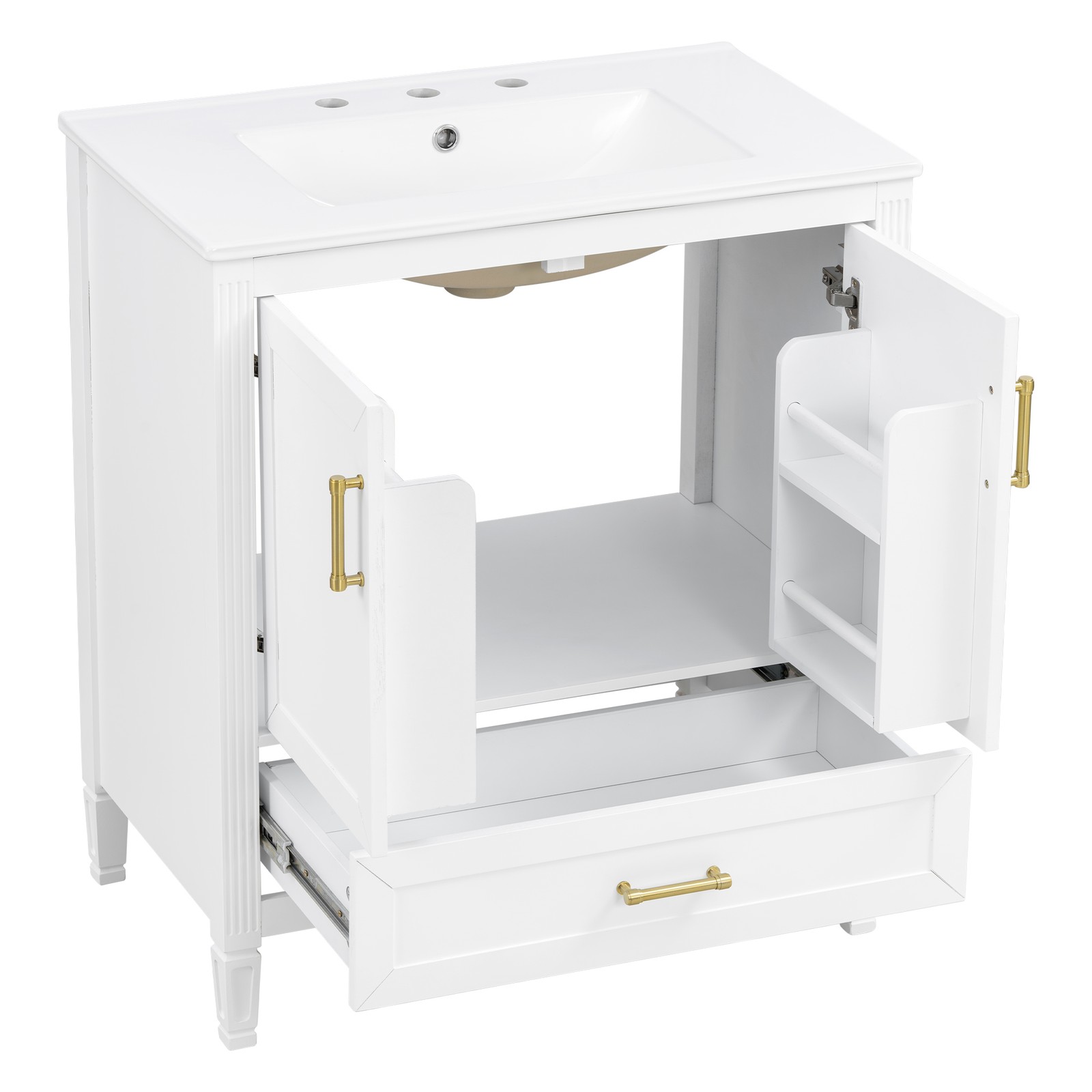 30″ White Fluted Bathroom Vanity with Ceramic Sink, Soft-Close