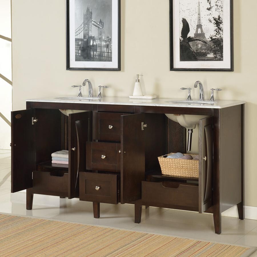68in Silkroad Exclusive FS-0269-WM-UWC-68 Double Carrara Marble D. Walnut Vanity