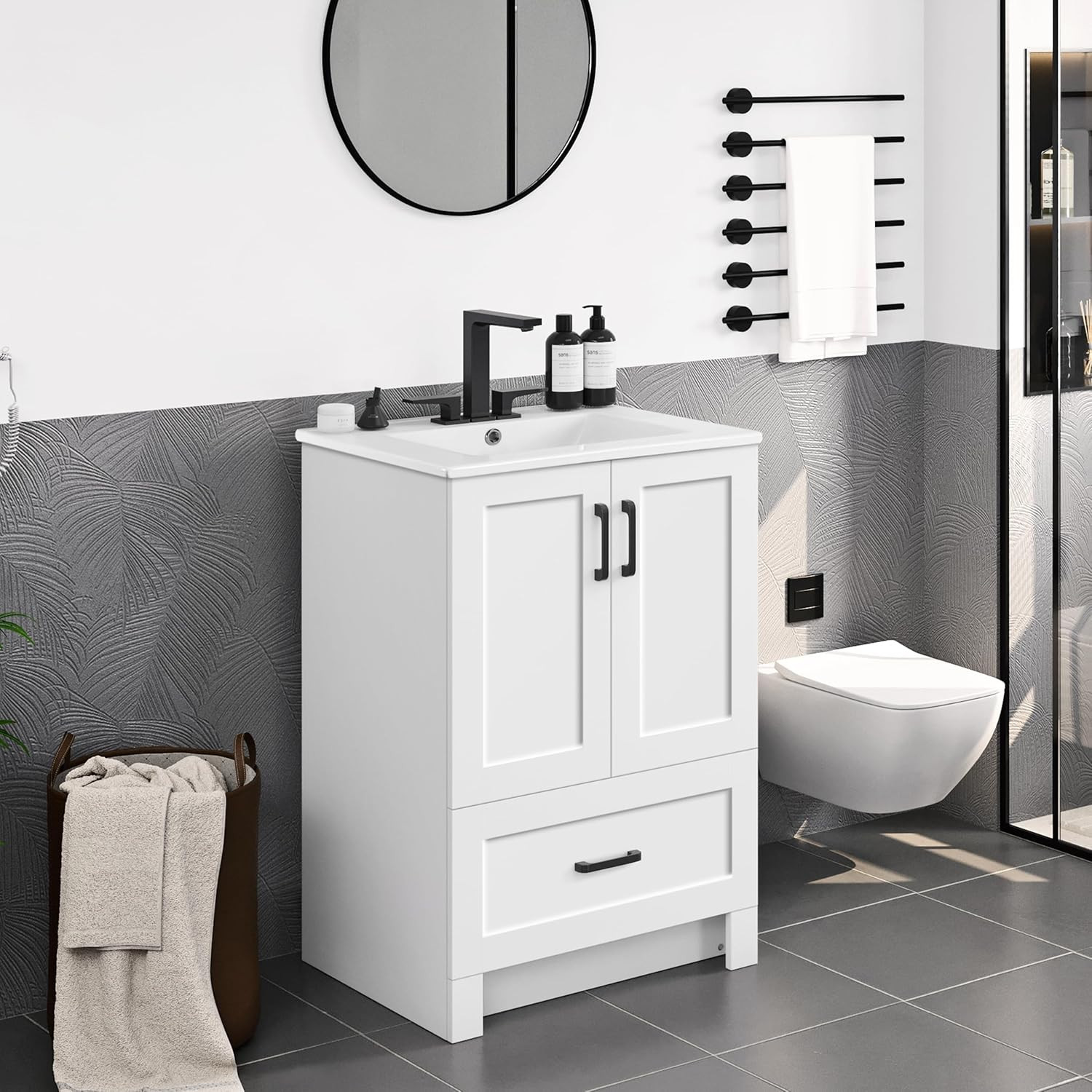 24.5″ Modern Bathroom Vanity with Ceramic Basin, Undermount Vanity Sink Cabinet
