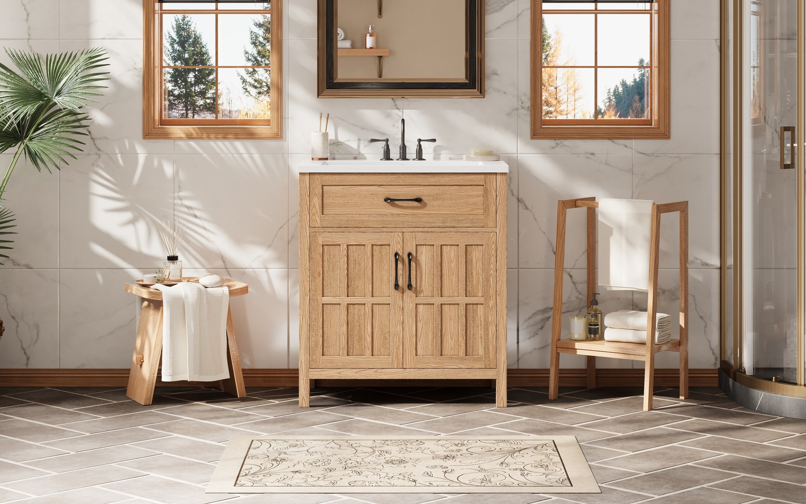 30″ Bathroom Vanity with Resin Sink, Modern Wood Frame Bathroom Sink Cabinet