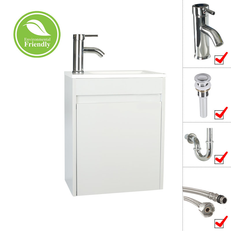 16″ Small Bathroom Paint Vanity Set Wall Mount Gray/White W/Sink Faucet Drain