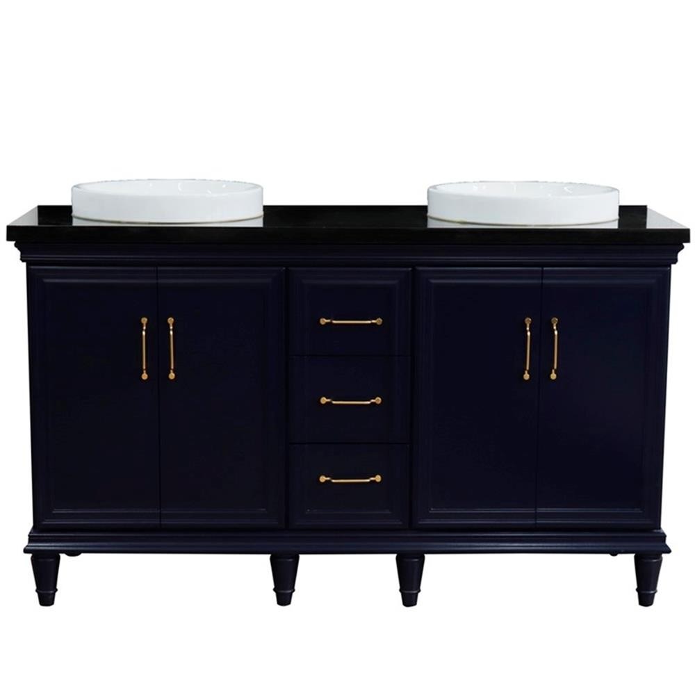 61 in. Double Wooden Vanity Blue Black Galaxy Granite Round Sink