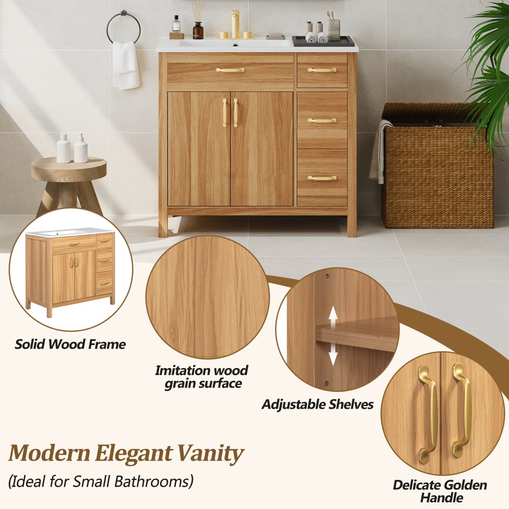 36 Inch Wood Bathroom Vanity with Ceramic Sink, Soft Close Doors & Drawers