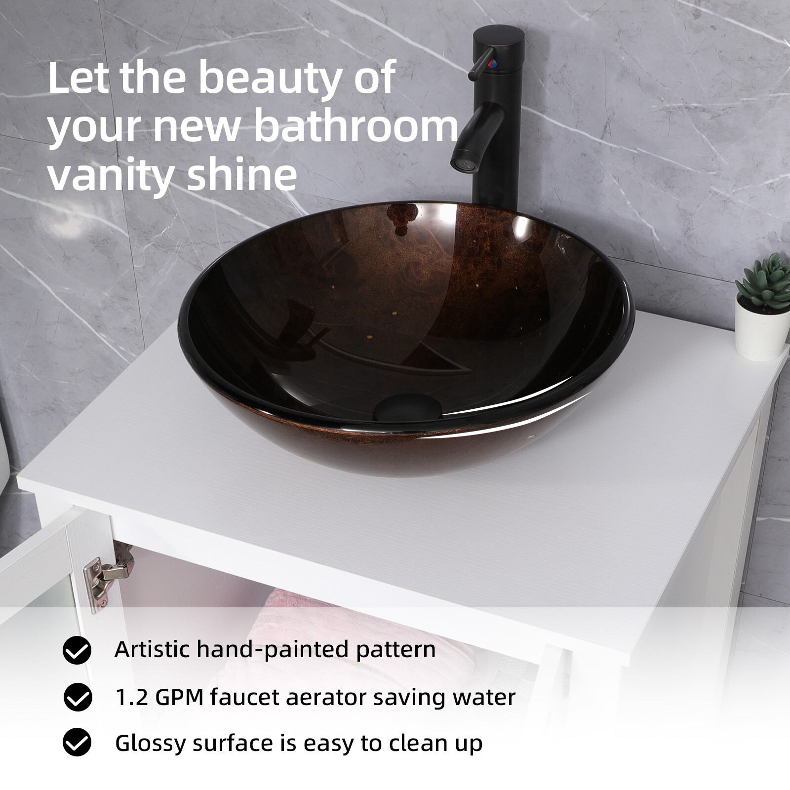 24″ White Bathroom Vanity Set W/Glass Vessel Sink Faucet Mirror Cabinet Combo