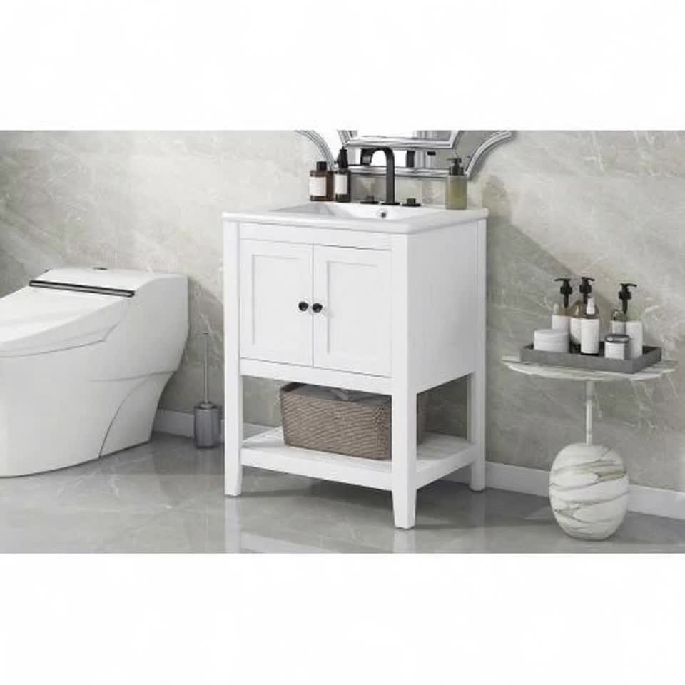 24″ Black Modern Bathroom Vanity with Ceramic Sink & Wood Frame