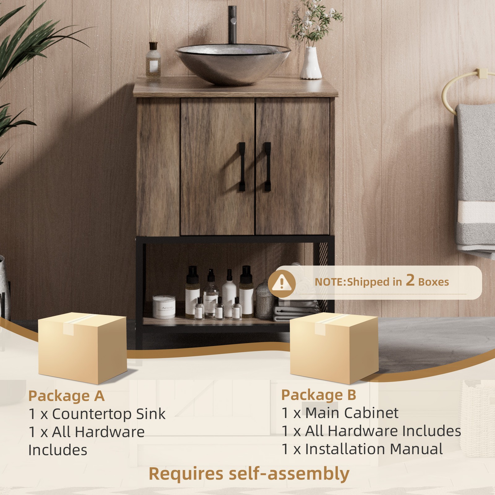 24″ Single Bathroom Vanity Modern Iron Wood Cabinet with Glass Sink Combo Set