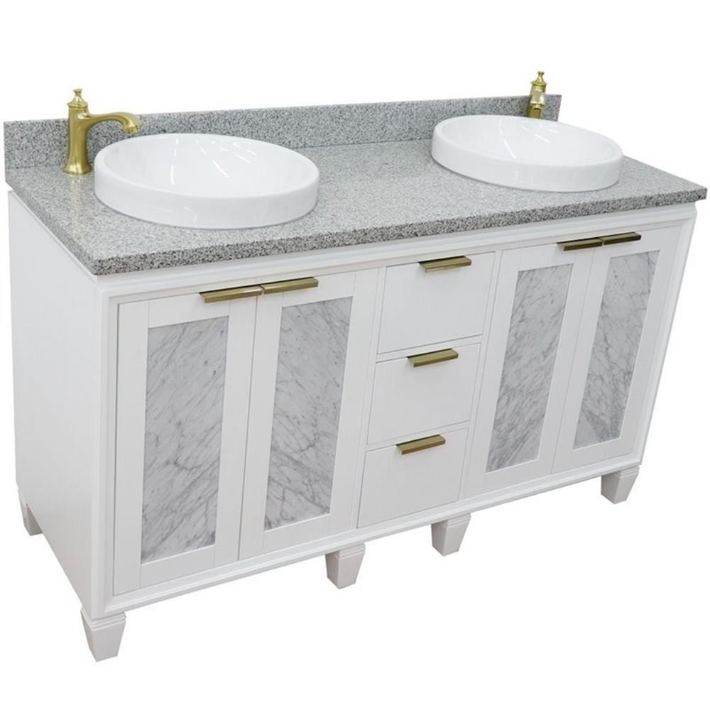 Pemberly Row 61″ Double Round Sink Solid Wood Vanity in White/Gray Granite Stone