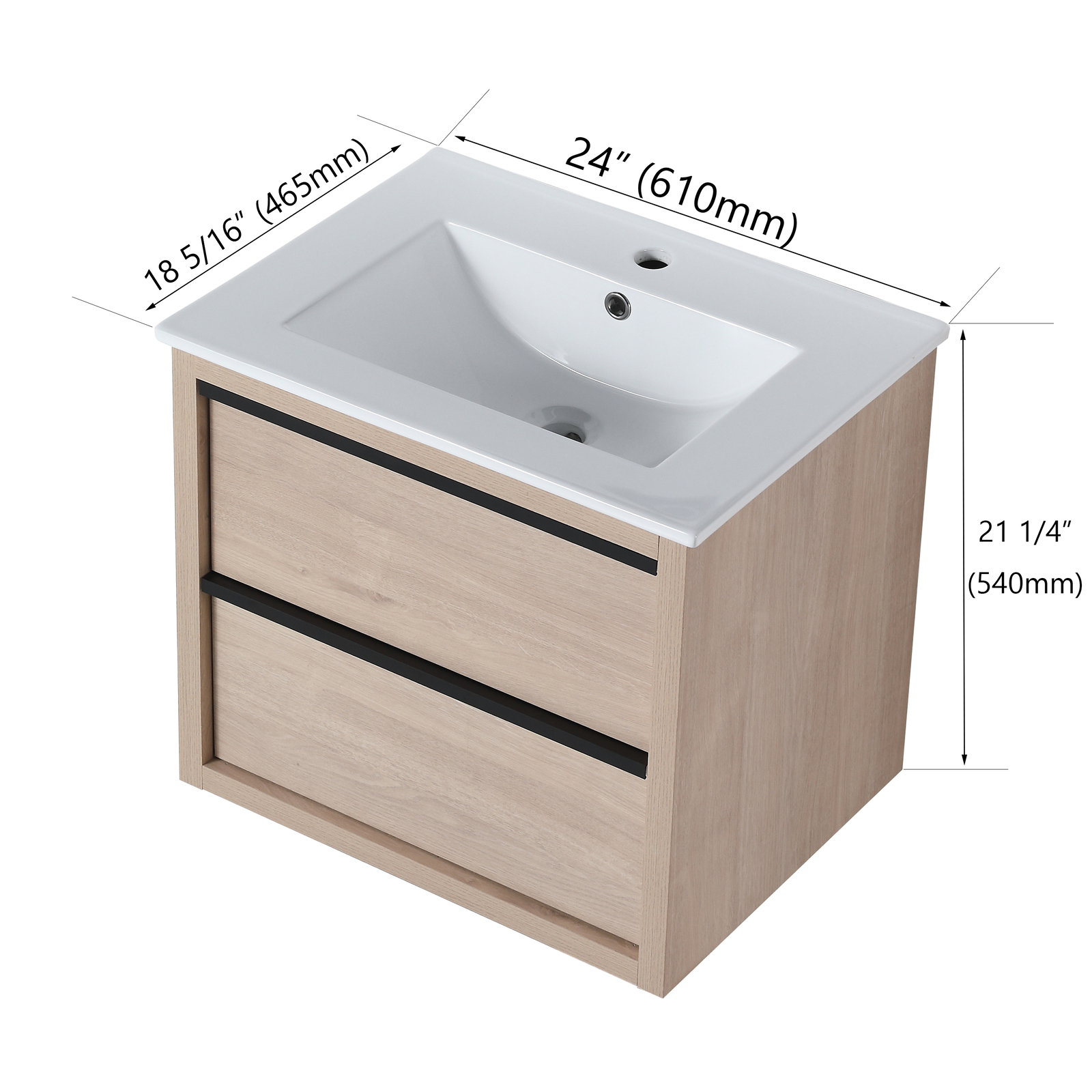24In Wood Wall Mounted Bathroom Vanity W/ Undermount Ceramic Sink Basin 2Drawers