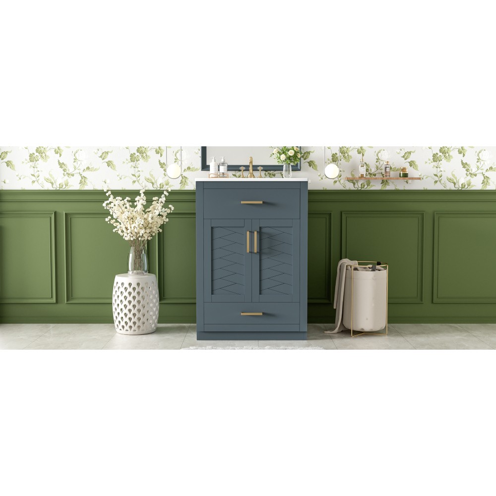 24in Bathroom Vanity Integrated Ceramic Sink 2 Doors 1 Tip-out Drawe