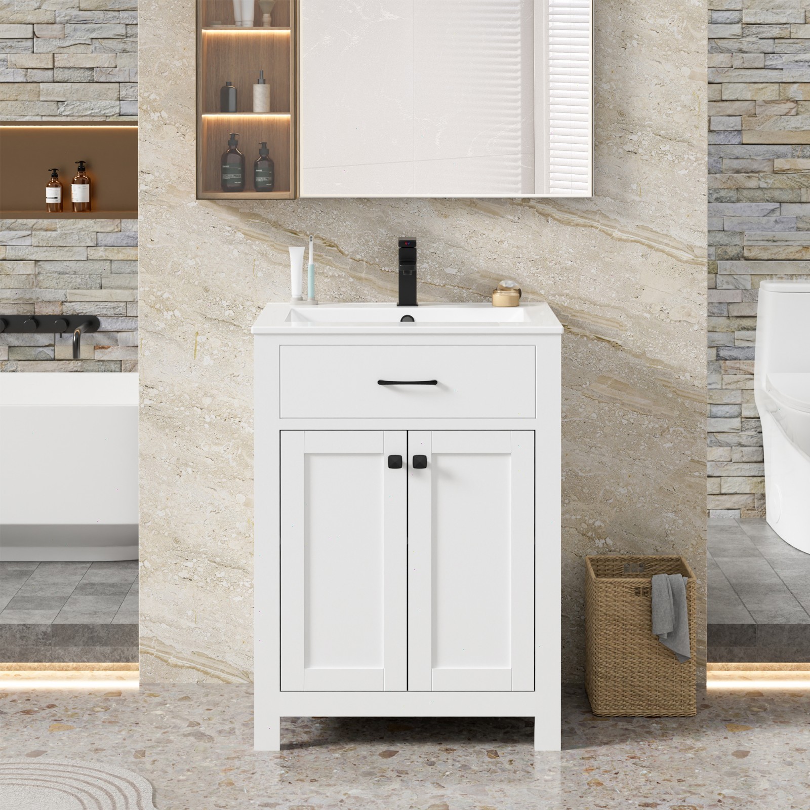 Eclife Bathroom Vanity Cabinet Set with Undermount Ceramic Vessel Sink Combo
