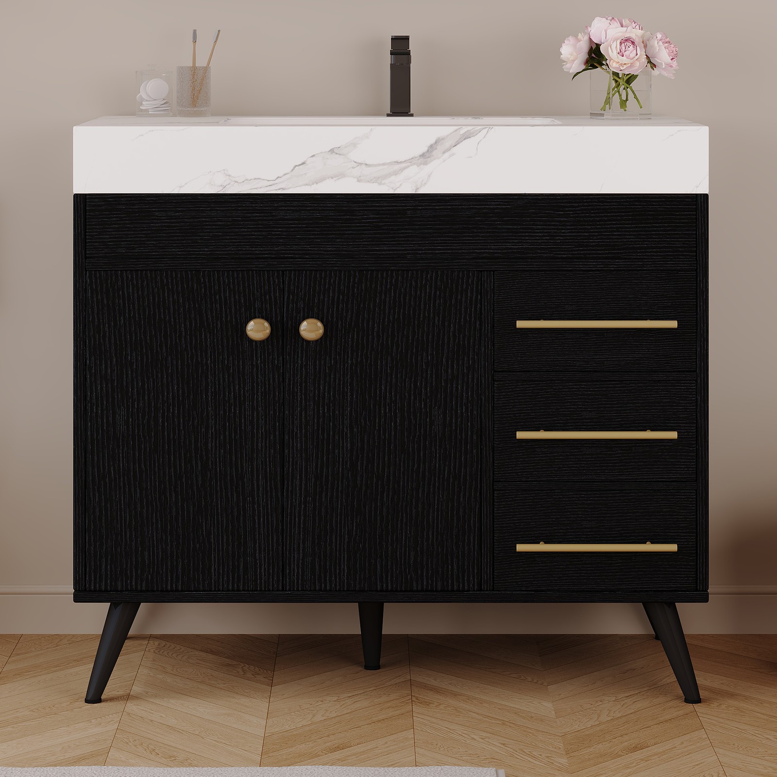36″ Freestanding Bathroom Vanity with Ceramic Sink & Faux Marble Top