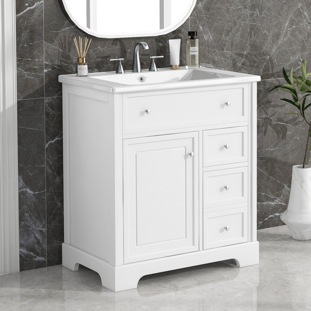 30 Inch White Bathroom Vanity with Ceramic Sink Top Solid Wood MDF Cabinet