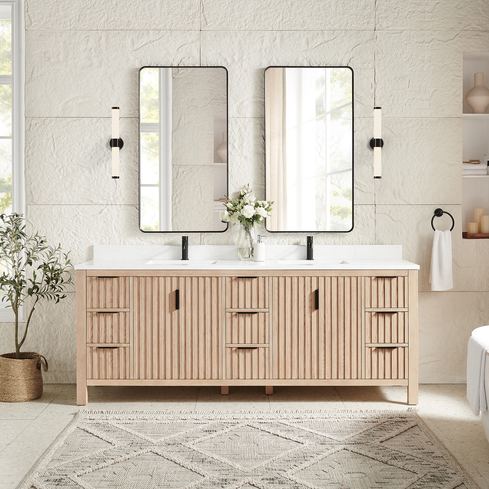Shenzhen 84″ Double Bath Vanity in Aged Natural Oak with Composite Stone Top