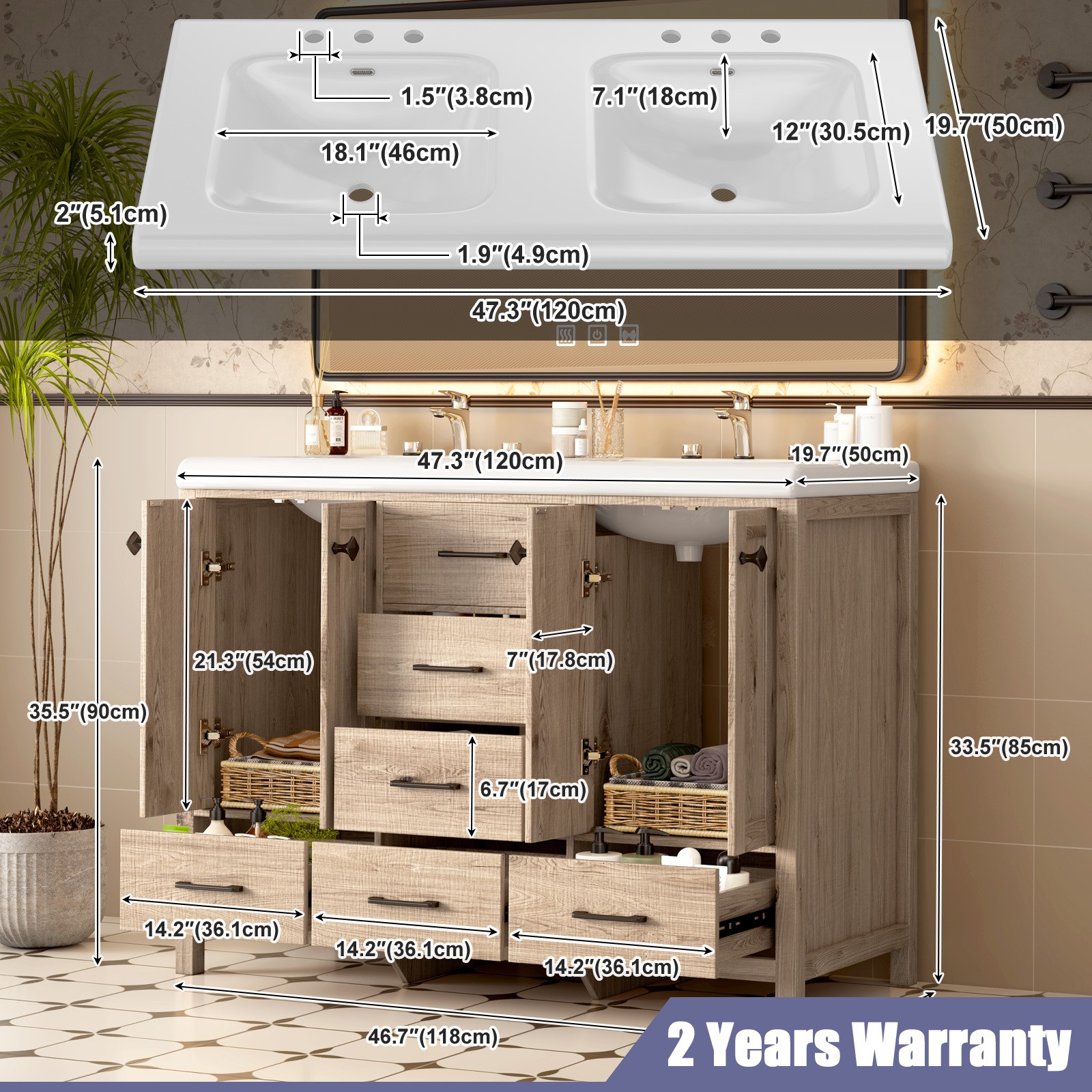 Bathroom Vanity Cabinet with Double Sink Vanity with Ceramic Sink Freestanding