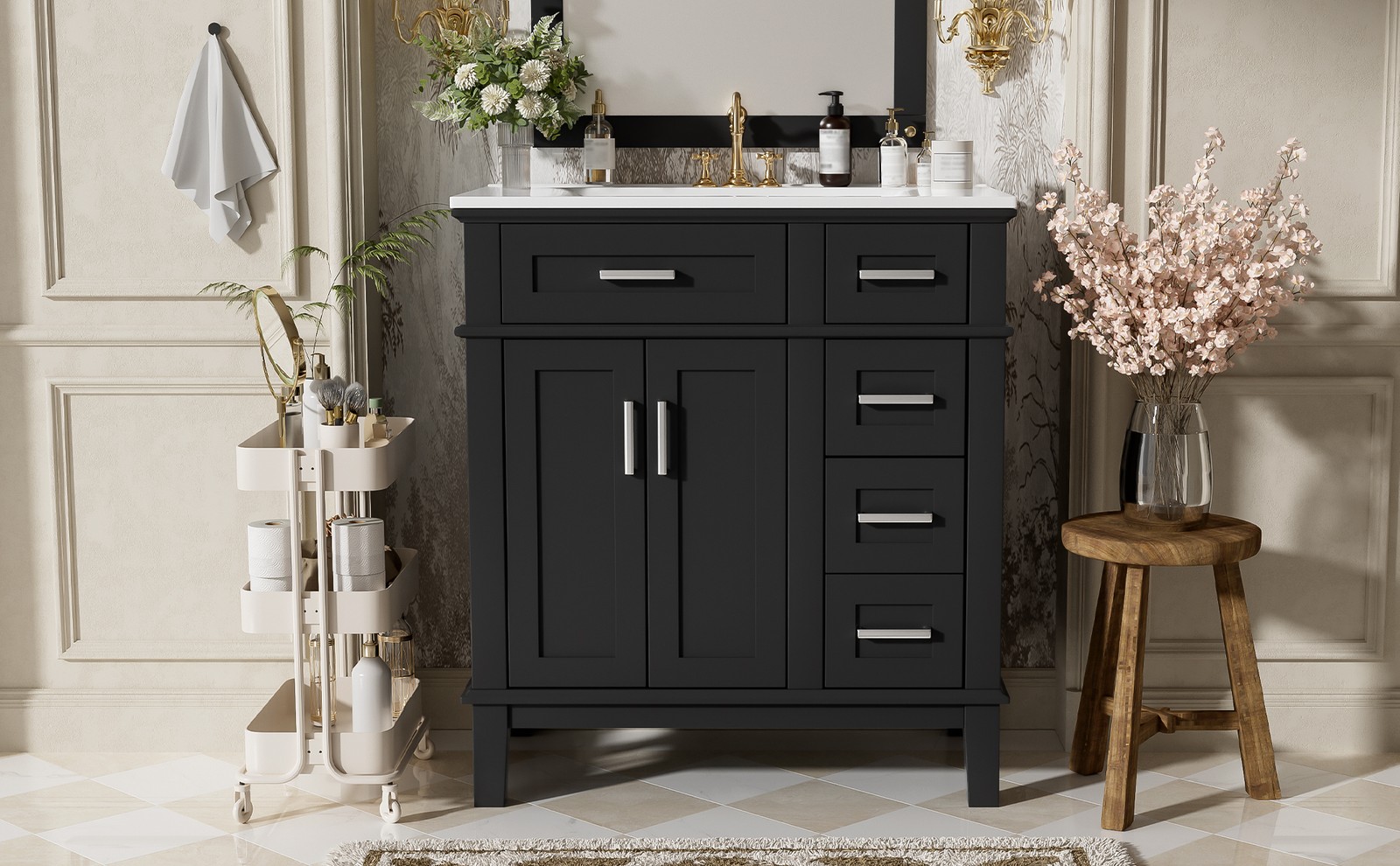 30″ Bathroom Vanity with Ceramic Sink, Soft-Close Doors & Drawers