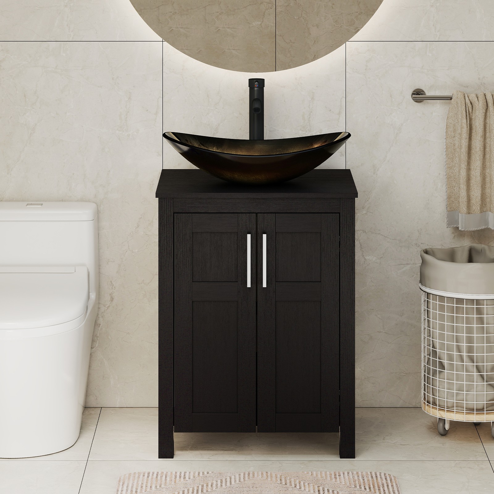 24 Inch Freestanding Black Bathroom Vanity Set Vessel Sink Faucet Pop Up Drain