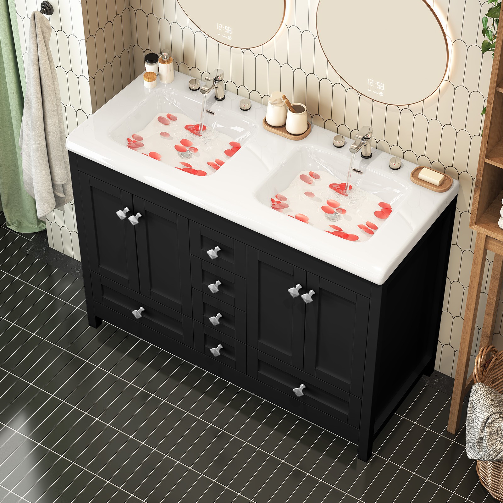 47” Double Bathroom Vanity Cabinet Ceramic Sink + Cabinet + 5 Drawers Black