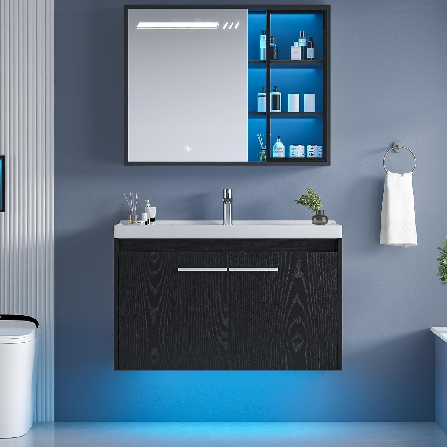 31″ Floating Bathroom Vanity with Sink, Modern Black Bathroom Vanity with LED Li