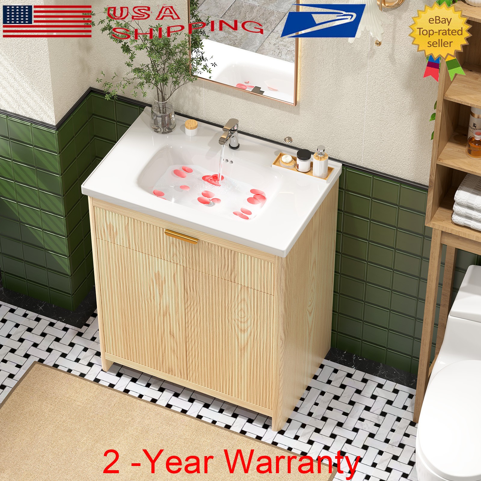 31″ Bathroom Vanity w/Ceramic Sink Modern Freestanding Vanity Cabinet w/ 2 Doors