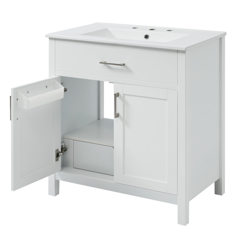 30″ Bathroom Vanity Ceramic Sink Soft Close 2 Door Drawer Silver Storage Cabinet