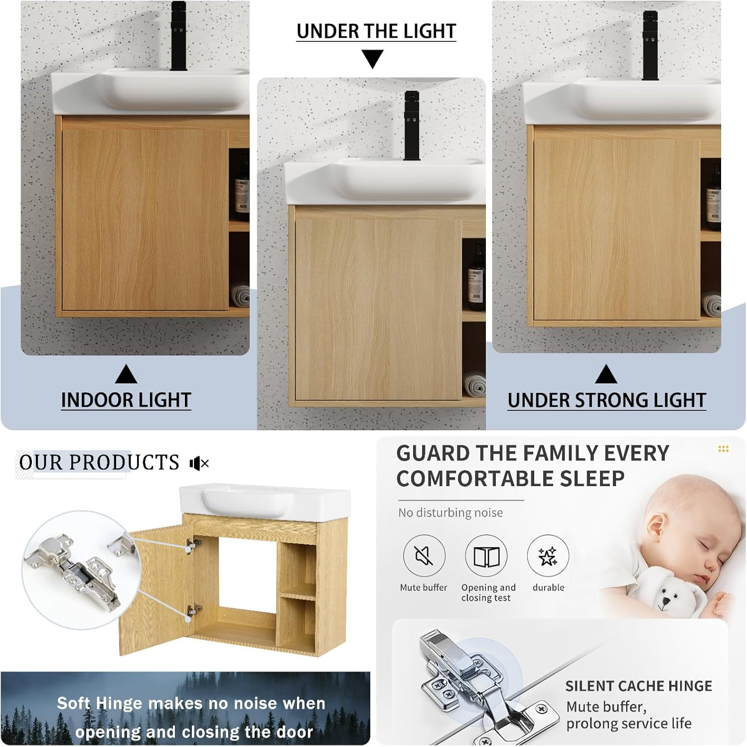 Modern 24″ Wall-Mounted Bathroom Vanity with Ceramic Sink & Open Shelves, Light