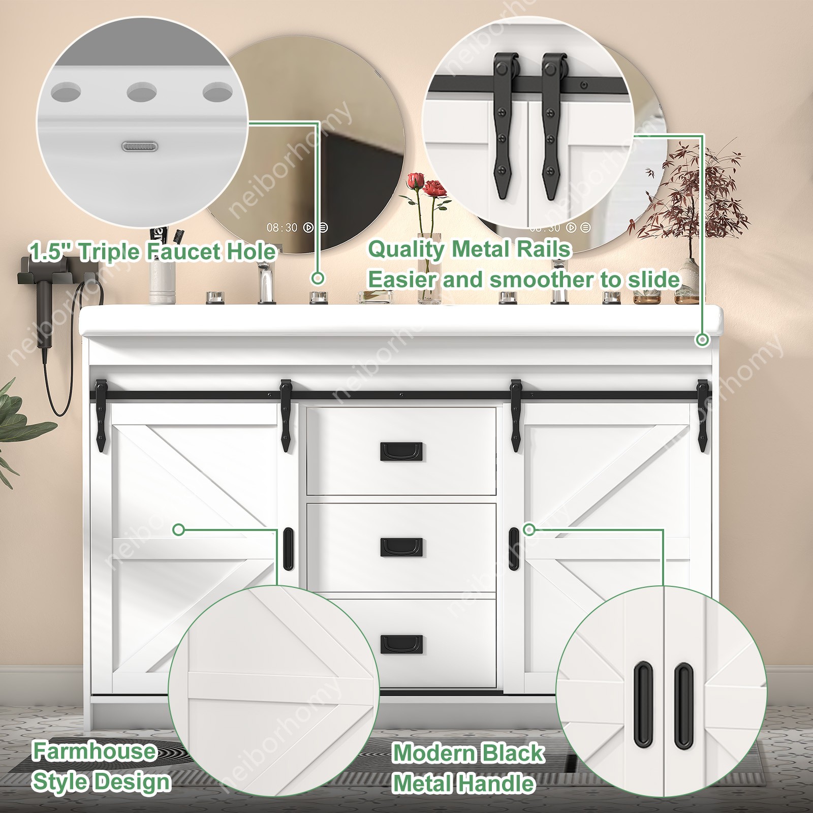 47” Bathroom Vanity with Double Sink Freestanding Bathroom Vanity w/ 3 Drawers