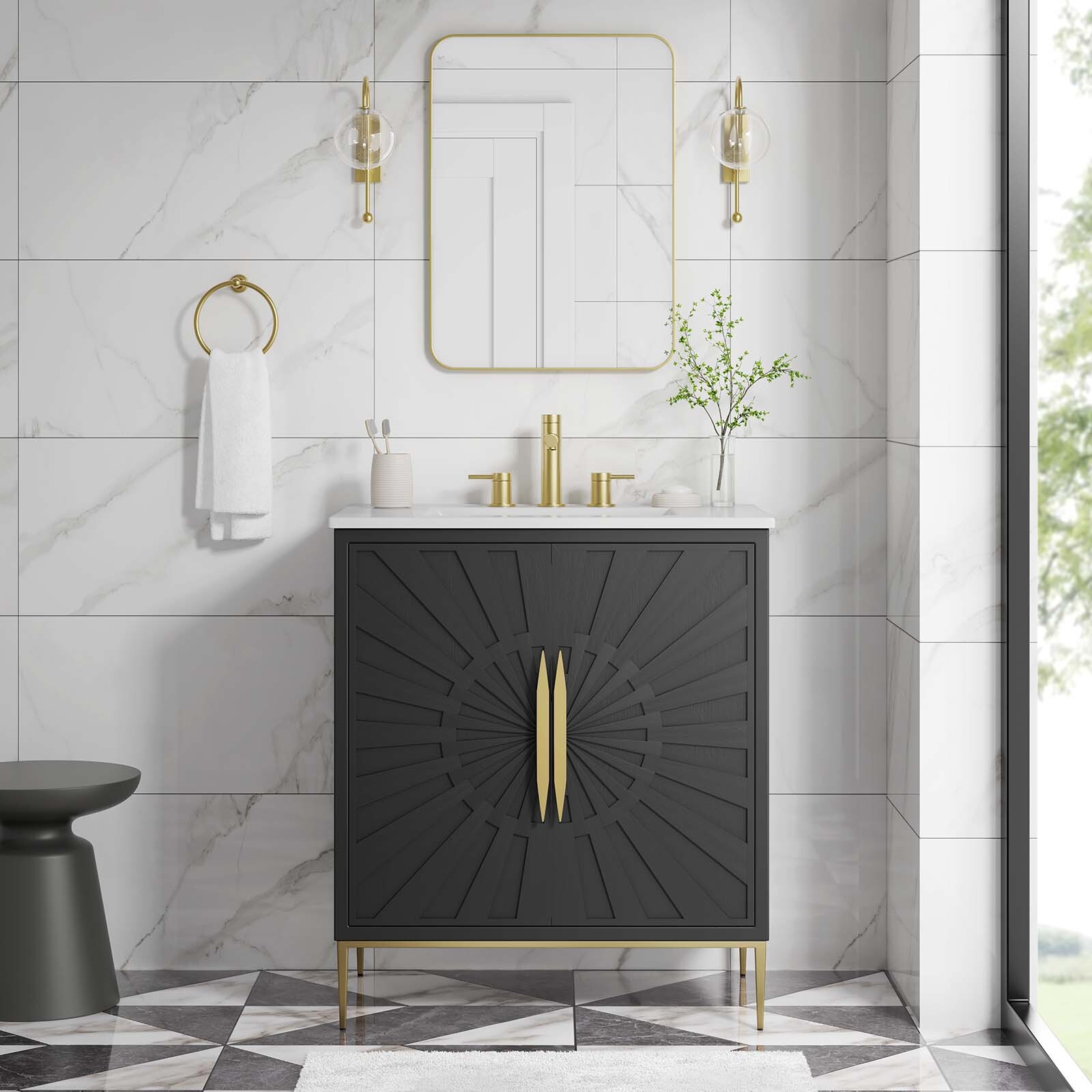 Modway Awaken 30″ Bathroom Vanity Cabinet in White Black With Ceramic Sink Basin