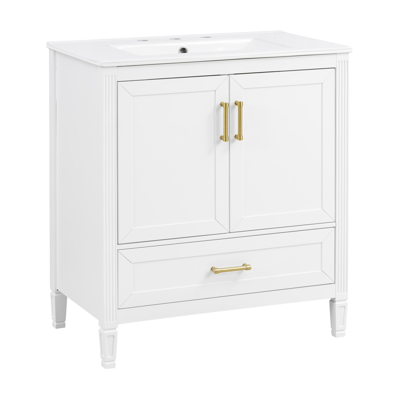 30″ White Fluted Bathroom Vanity with Ceramic Sink, Soft-Close