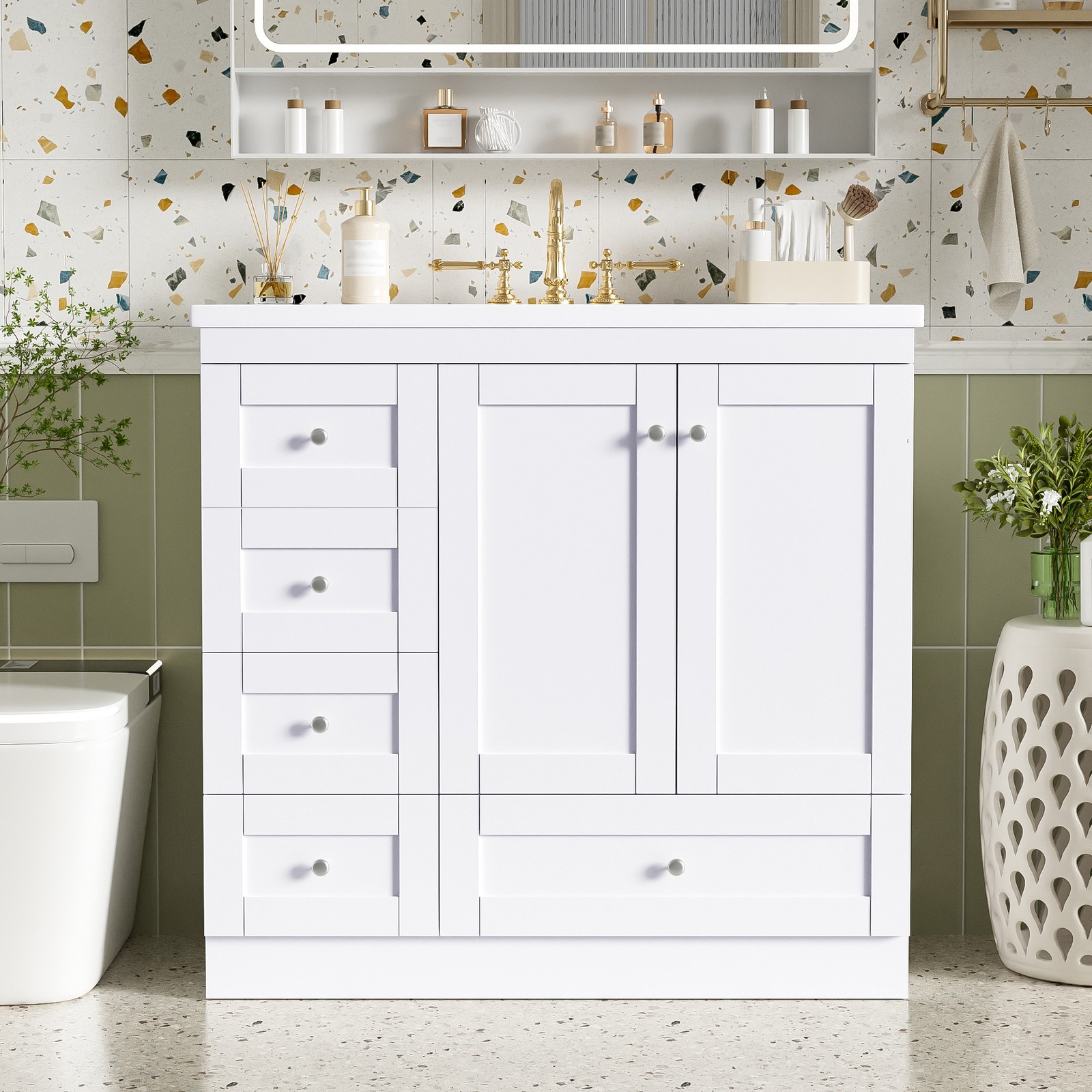 36″ Bathroom Vanity w/Sink Storage Cabinet with 4 Soft-close Drawers & 2 Door