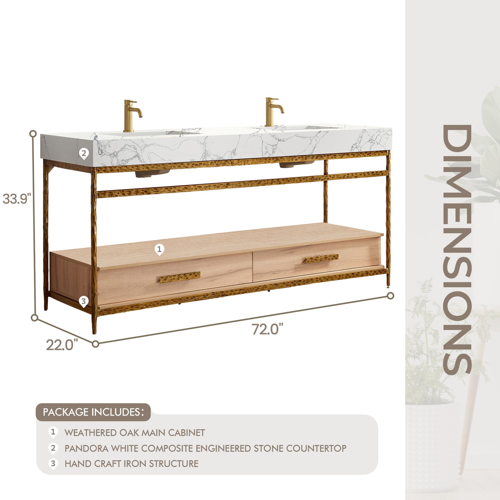 Dhaka 72″ Double Vanity in Yellow Bronze Metal Support with Composite Stone Top