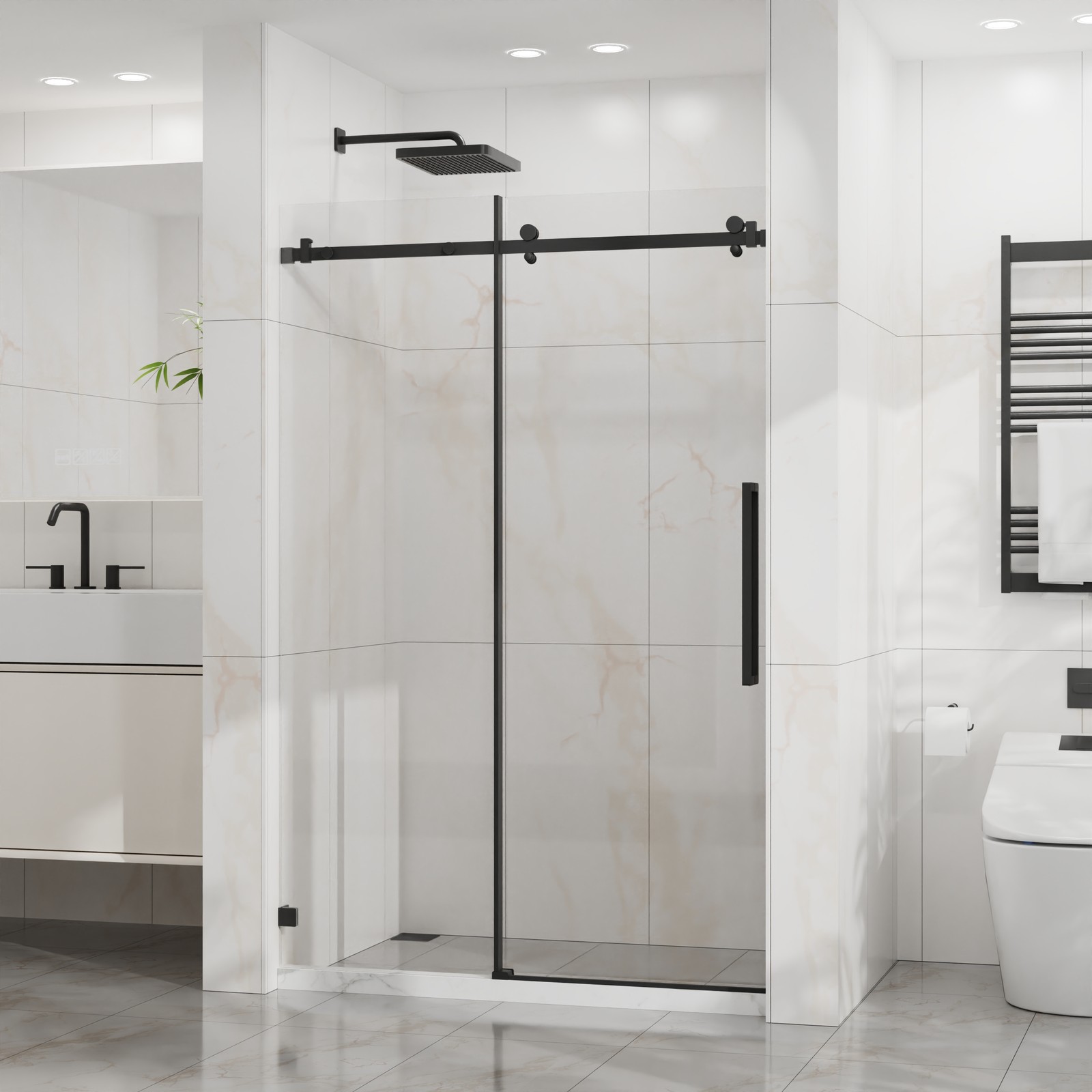 48″ W x 72″ H Sliding Shower Door, Frameless Sleek Glass Shower Door Matte Black
