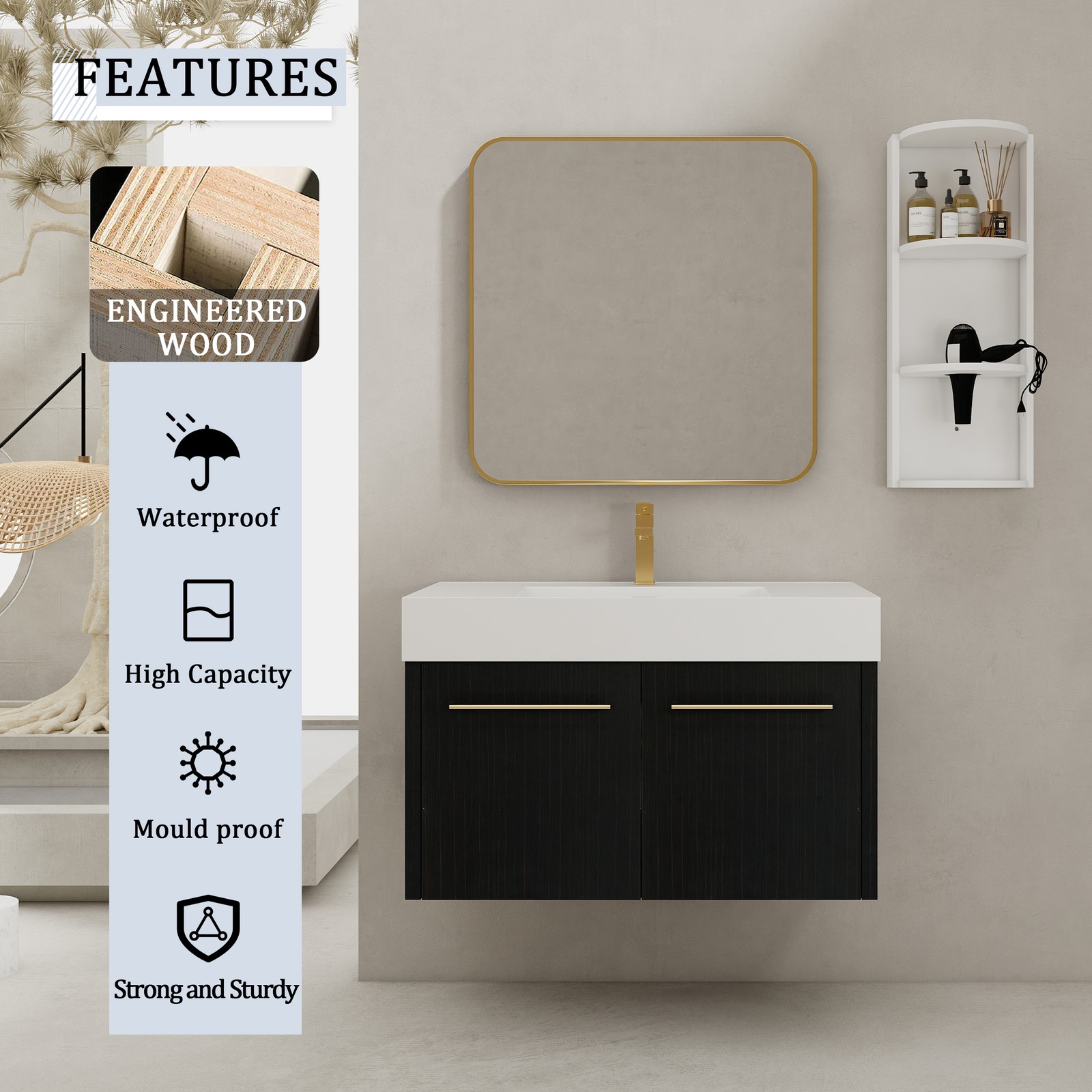 36 Inch Plywood Wall-Mounted Bathroom Vanity with Resin Sink + Side Storage Rack