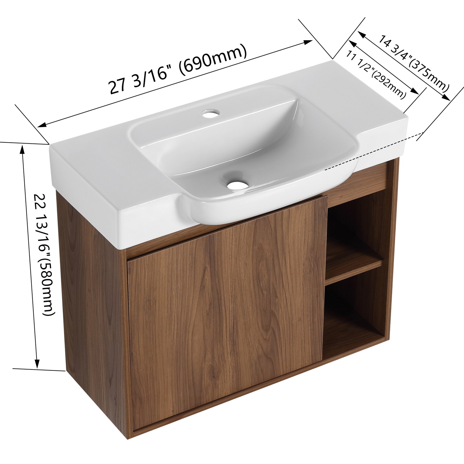 28″ Plywood Wall-Mounted Bathroom Vanity W/ Ceramic Sink Brown For Small Space
