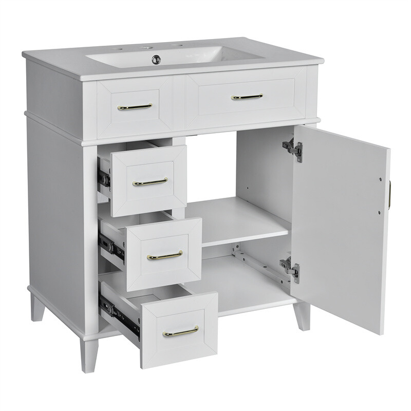 30in White Bathroom Vanity with Ceramic Freestanding Cabinet w/Door & 3 Drawers