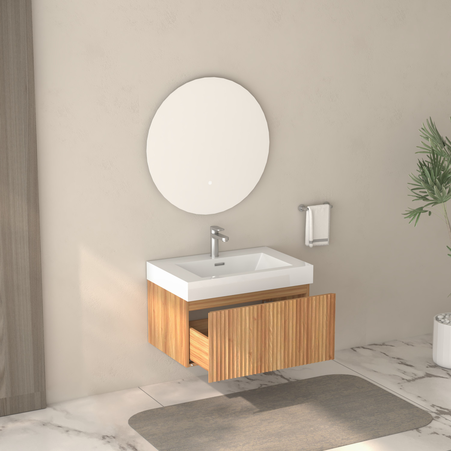 30″ Floating Bathroom Vanity with Integrated Sink, Acacia Plywood Cabinet