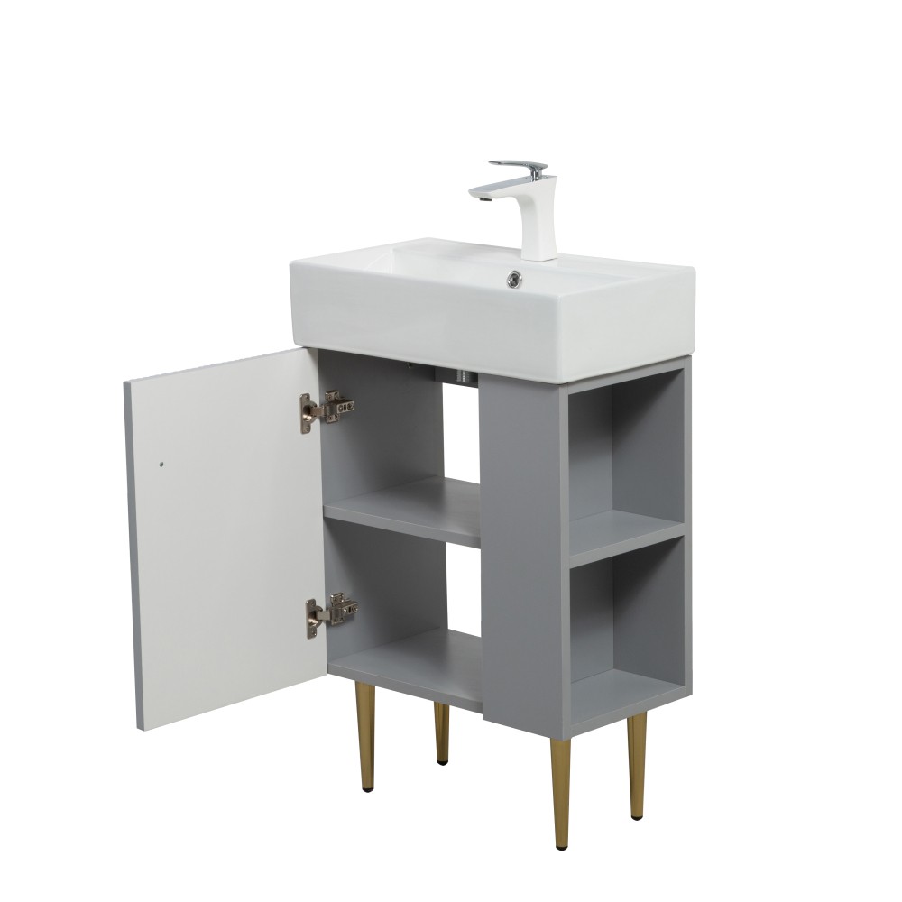 21.6″ Bathroom Vanity Base, Soft-Close Doors, Gray, Solid Wood, Open Shelf
