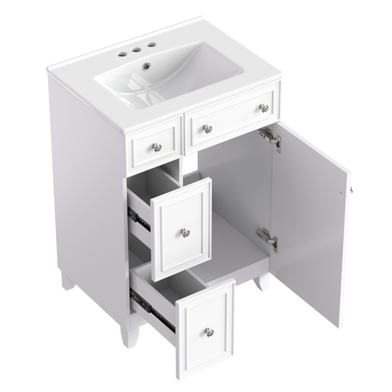 24″ White Bathroom Vanity Cabinet with Ceramic Sink,2 Drawers,1 Soft-Close Door