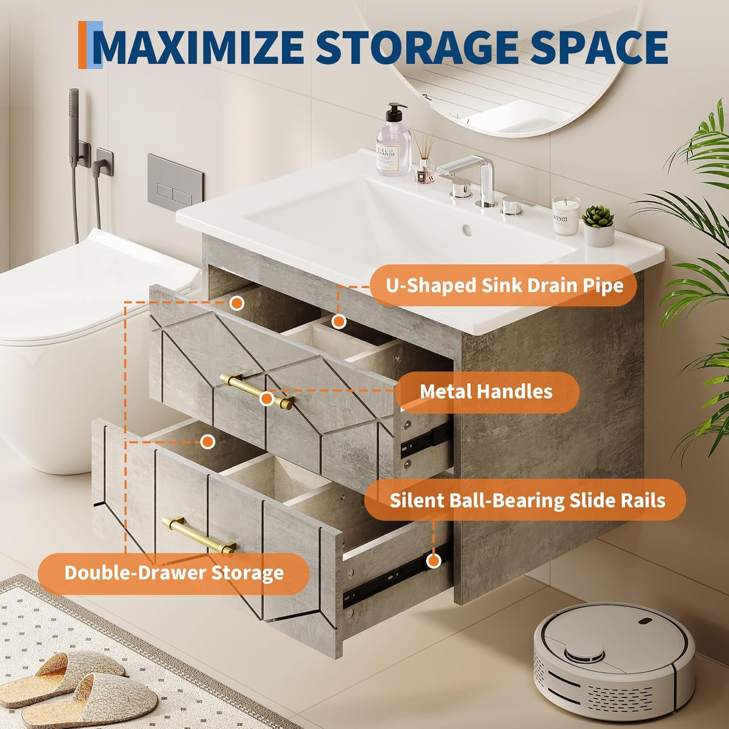 Floating Bathroom Vanity with Sink 24 Inch, Modern Bathroom Sink Cabinet, Cerami