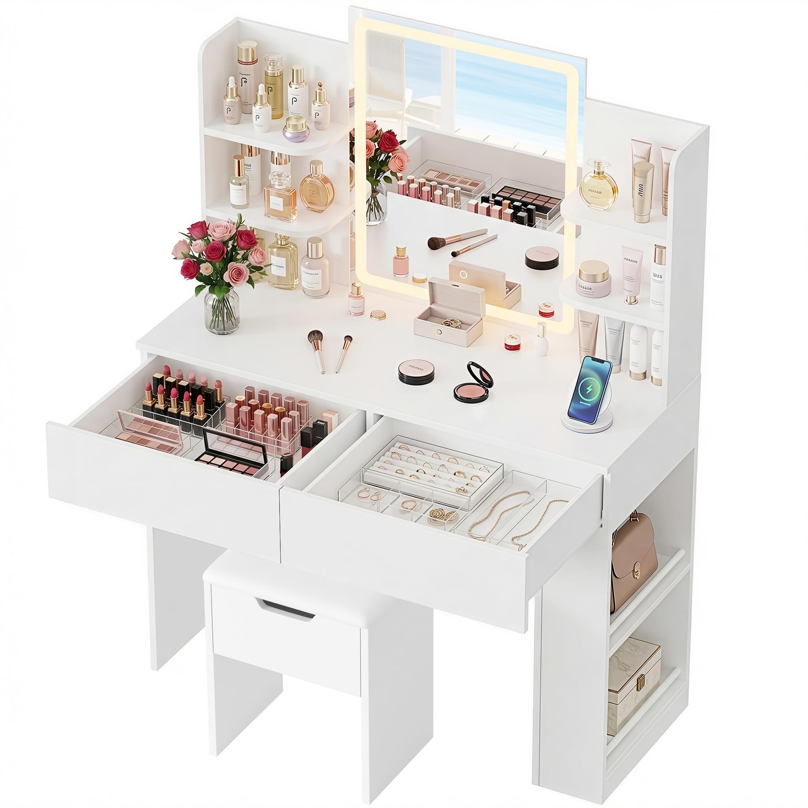 3 Color Dimmable LED Vanity Desk with Mirror 2 Drawers Storage Bench White