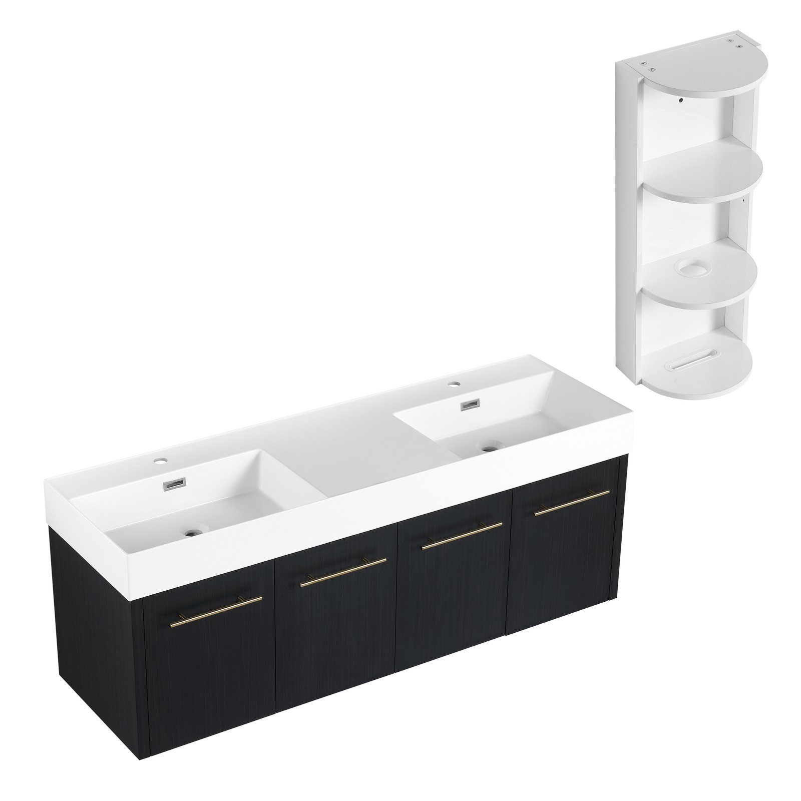 60 In Floating Wall-Mounted Bathroom Vanity Cabinet W/ Double Resin Top Basin