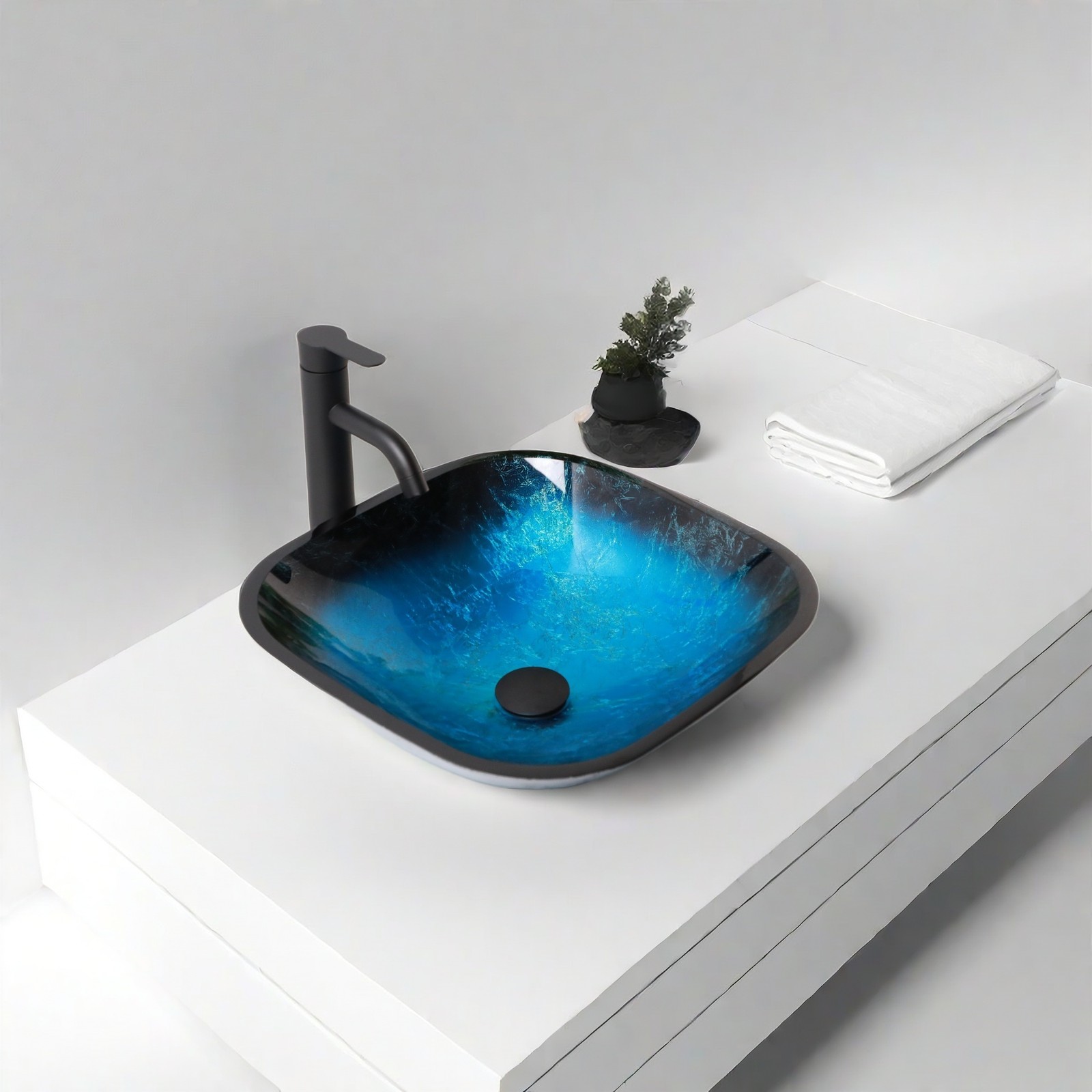 Bathroom Artistic Tempered Glass Vessel Bathroom Sink w/Faucet & Pop-up Drain