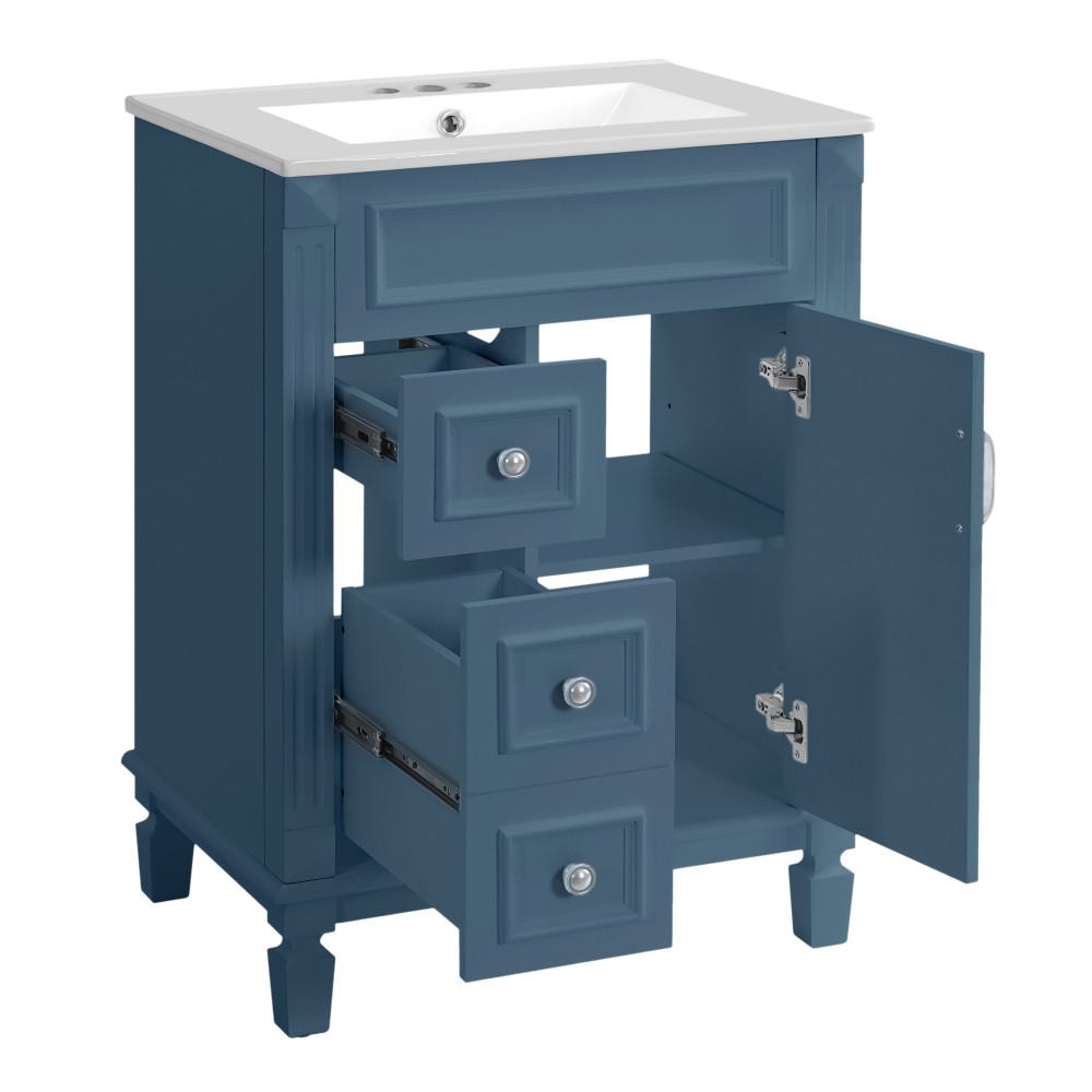 24 Inch Modern Blue Bathroom Vanity with Ceramic Sink Solid Wood MDF Cabinet