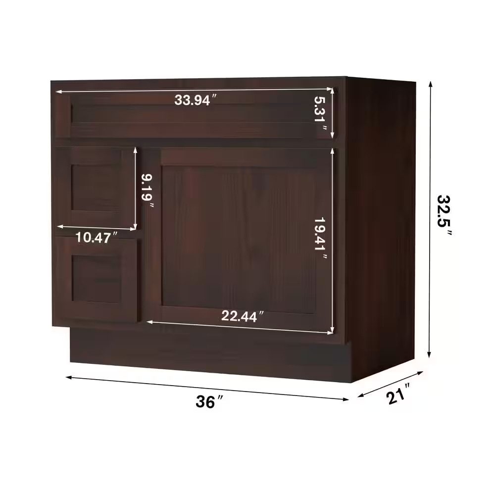 36 In. W X 21 In. D X 32.5 In. H 2-Left Drawers Bath Vanity Cabinet Only in Brow