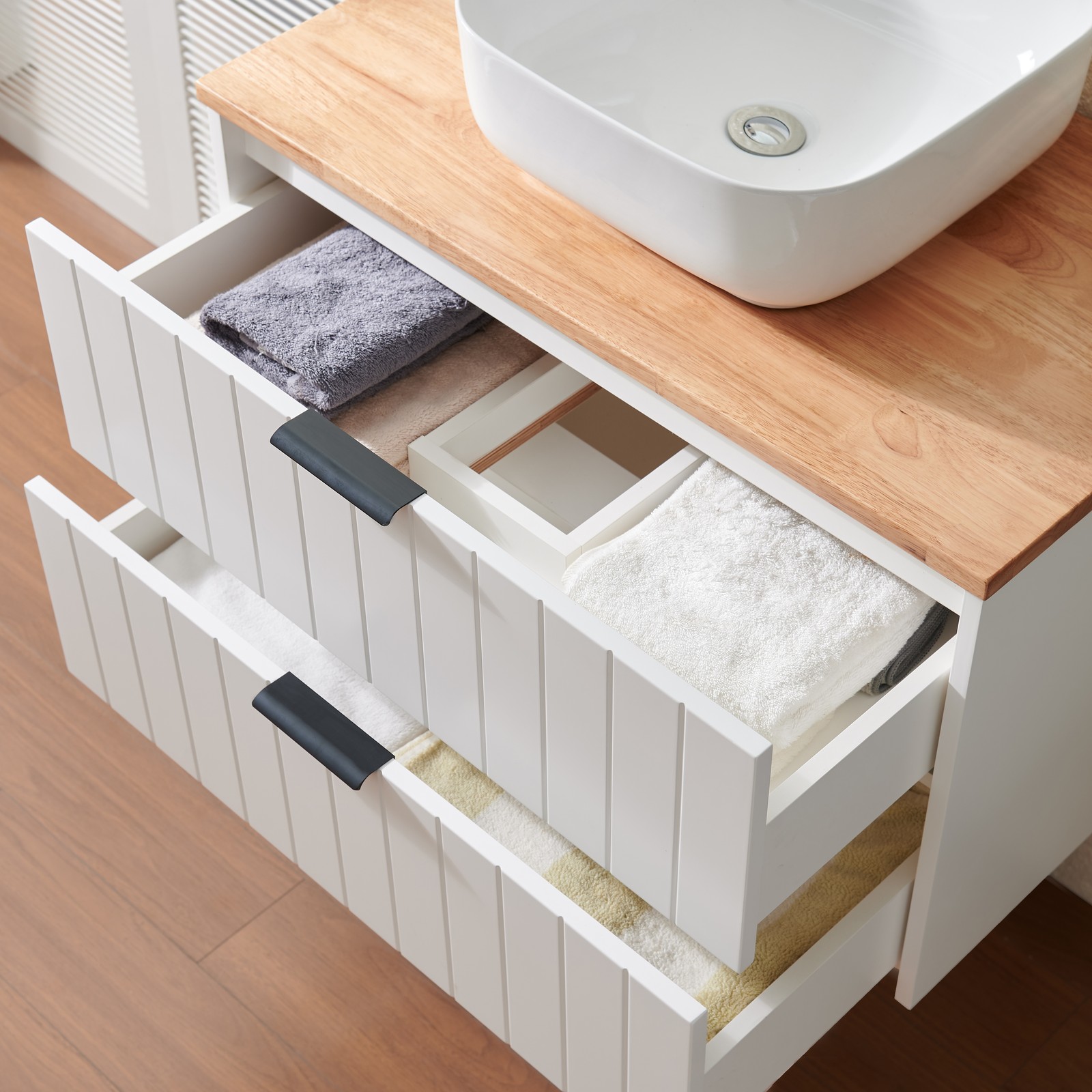 32 Inch Double Drawer Wall Mount Bathroom Vanity White Cabinet Solid Wood Top