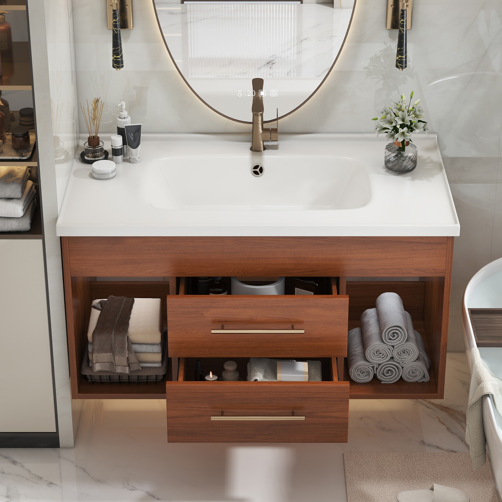 35.4″ Mid-Century Modern Bathroom Vanity with Ceramic Sink White Walnut