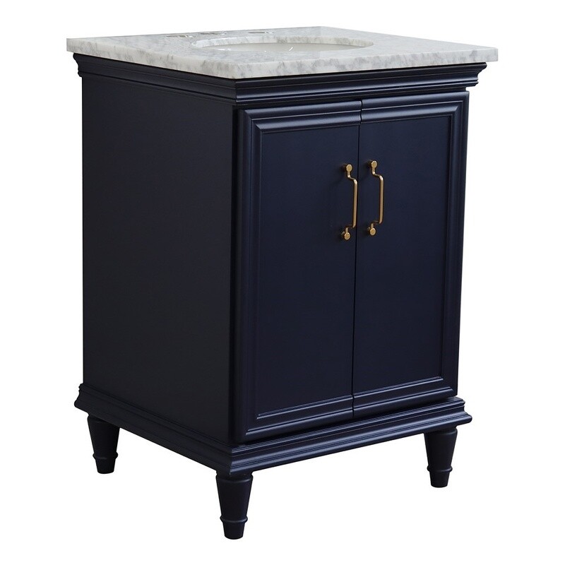 25 in. Single Wooden Vanity Blue with White Carrara Oval Sink
